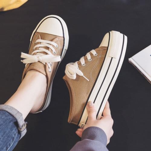 Summer 2021 New Milk Tea Color Half Back Canvas Shoes for Women Girls Gumshoes Slip on Khaki 7.0cm Internal Increasing High Heel