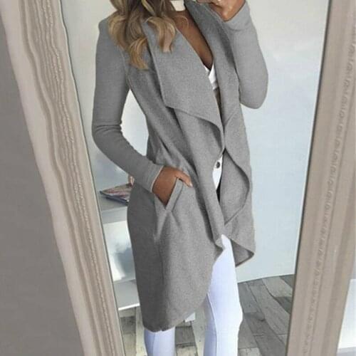 Autumn Fashion Women Solid Long Sleeve Turn-down Collar Open Stitch Asymmetric Length Trench Coat