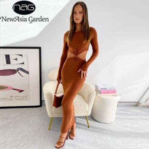 NewAsia Maxi Knitted Dress Cut out Long Sleeve Twist Bodycon Sexy Club Party Solid Color Long Dress Women Fashion Backless Robe