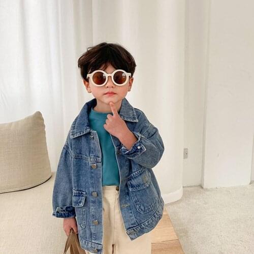 Childrens 2021 spring clothes boys' and girls' jeans jacket Korean baby Lapel cardigan top fashion outerwear 3-24