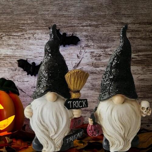 Trick Or Treat Creative Halloween Black Goblin Dwarf Resin Statue Halloween Garden Decoration Ornaments Broom Pumpkin Goblin