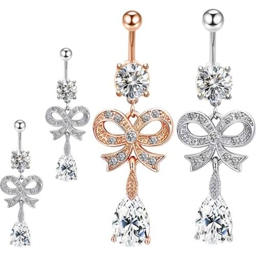 Stainless Steel Dangle Belly Button Rings Navel for Women Butterfly Long Dangle zircon Navel Bar Body Piercing set pack rose