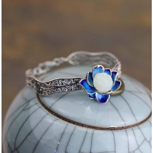 Jewelry Set S925 Sterling Silver and Jade Handmade Hollowed Out Blue Ethnic Style Ladies Beautiful lotus Bracelet RS223