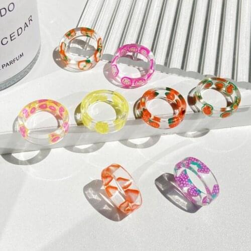 Korean Fashion Fresh Fruits Transparent Resin Acrylic Ring For Women Girls New Design Strawberry Lemon Finger Jewelry Gifts Chic