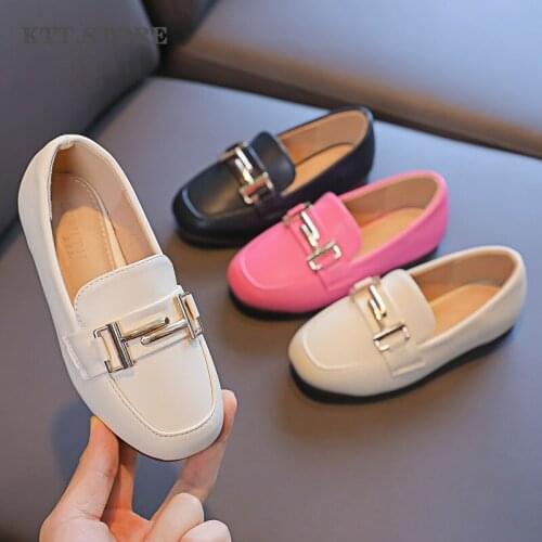 KTT Girls Leather Flats Shoes 2021 Autumn Childrens Leather Shoes Slip-on Teenager Girls Boat Shoes Kids Hot Pink Flats Shoes