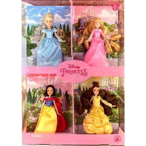 Disney Rapunzel Princesas Disney Store Cute Doll Belle Snow White 4-Piece Set Dolls Oiginal Anime Figure Toys For Girls Gift