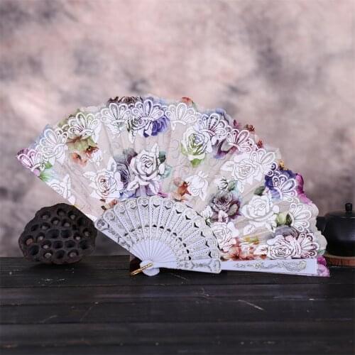Best Chinese Style Wedding Party Lace Silk Folding Fan Rose Bronzing Dance Fan Cadeau Mariage Pour Invité Eventail Japonais