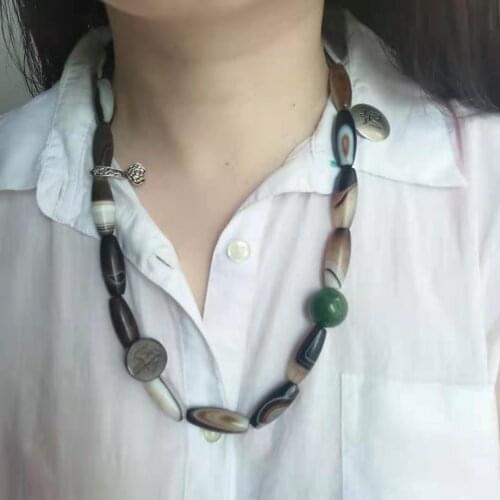 Natural Agate Dzi Silk stripe Tibetan silver nine palace gossip cards Good luck card Meteorite carved animal seal necklace chain