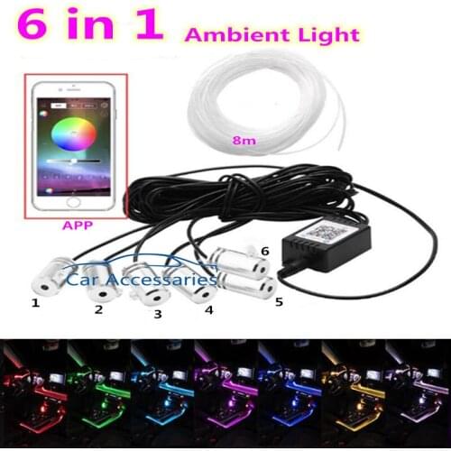 6 in 1 Fiber Optic Atmosphere Lamps Ambient Lamp App Control 8 Meter Car Interior Light Remote Control RGB Auto Decorative Light