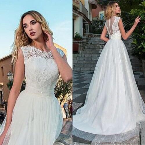 Romantic America Tulle Jewel Neckline Beach Bridal Dress A-line Wedding Dress With Lace Appliques & Beadings Cheap Gowns