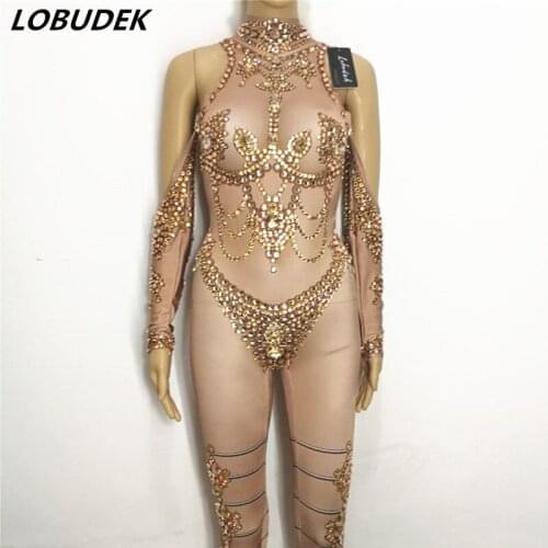 Sexy strapless DJ Female Costumes Bar singer dance costume Gold Crystals Diamond jumpsuit Party Show Prom performance clothing