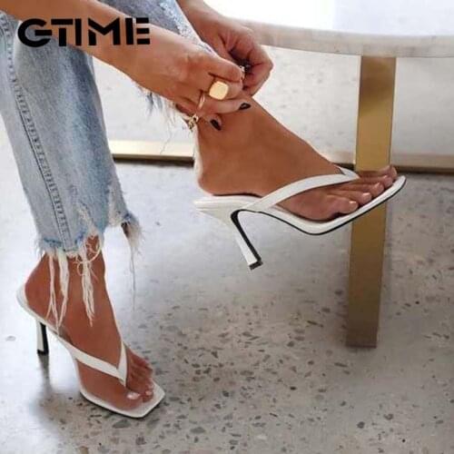 Stylish Womens Heel Flip Flops Black High Heels White Sandals Women Mules Slippers Ladies Summer Shoes 36-42#SJPAE-125
