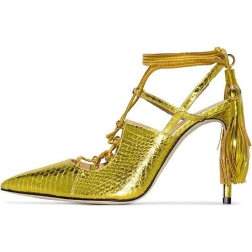 Tassel Snake Skin Stiletto Heel Shoes Sexy Pointed Toe Lace Up Hollow Gladiator Pumps Runway Designer Office Lady High Heel Shoe