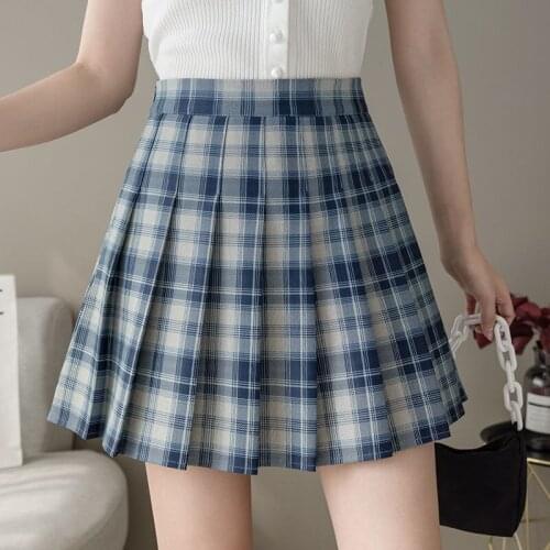 Spring summer new cute short skirt women show thin shade a-word grid skirt girl hundred pleated skirt sweet college blue skirt