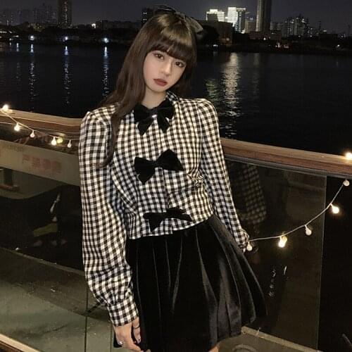 Korean Sweet Bow Plaid Shirt Women Long Puff Sleeve Crop Blouse Plus Size Tops Kawaii Blouses blouses femme