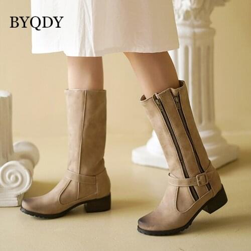 BYQDY Winter Women Shoes Long Knee-High Boots Round Toe Plus Size High Heels Double Zipper Buckle Short Plush Warm Inside Shoes