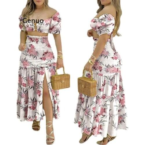 2021 Summer Holiday Floral Print O-Ring Short Sleeve Crop Top Casual Frill Hem Shirred Slit High Waist Womens Maxi Skirt Sets