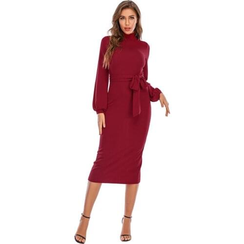 Pure Color Women Dress High Neck Slim Fit Hip Banquet Dress Fashion Long Sleeve Bottoming Dress Autumn Winter Sashes Dresses