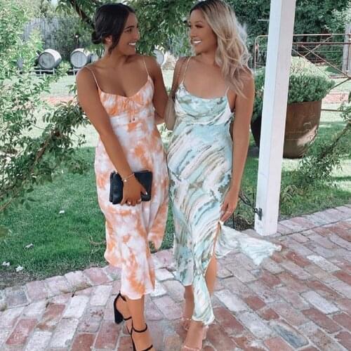 Foridol Tie-dyed Slit Long Dress for Women Backless Maxi Summer Boho Dress Long Sleeveless Print Sundress Blue Vestidos 2021