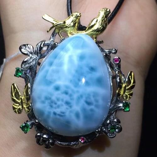 High Quality Natural Dominica Larimar 925 Sterling Silver Bird Pendant Necklace For Women Gift