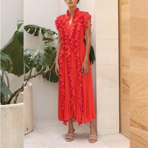 2021 Summer Solid Ruffles Women Dress Black Yellow V-Neck with Elegance Folds Mid-Calf