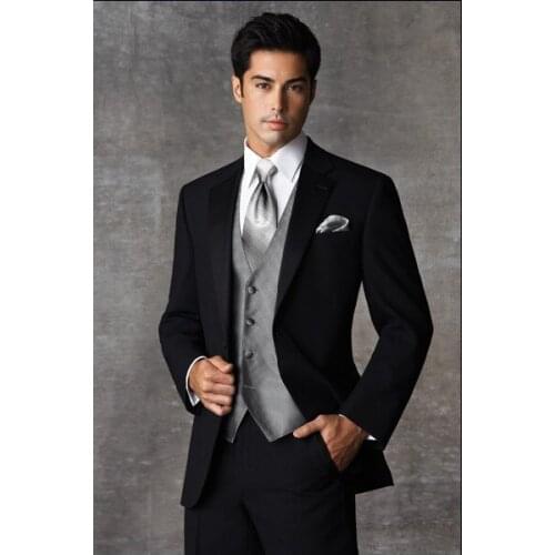 Two Buttons Groom Tuxedo Black Groomsmen Notch Satin Lapel Wedding/Dinner Suits Best Man Bridegroom (Jacket+Pants+Tie+Vest) B164