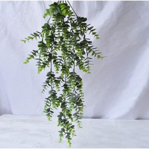 Flocked Artificial Eucalyptus Leaves Vine Fake Green Plastic Grass Wall Hanging Money Leaves Plants Home Shop Wedding Decor