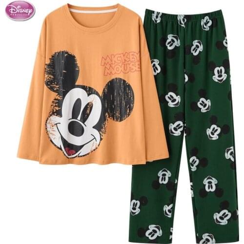 Disney Autumn Winter 2021 100% Cotton Long-sleeved Trousers Ladies Pajamas Suit Mickey Mouse Long Pajamas Womens Home Service