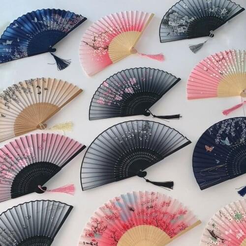 Retro Pattern Chinese Style Folding Fan Wooden Classical Dance Fans Tassel Party wedding birthday Halloween