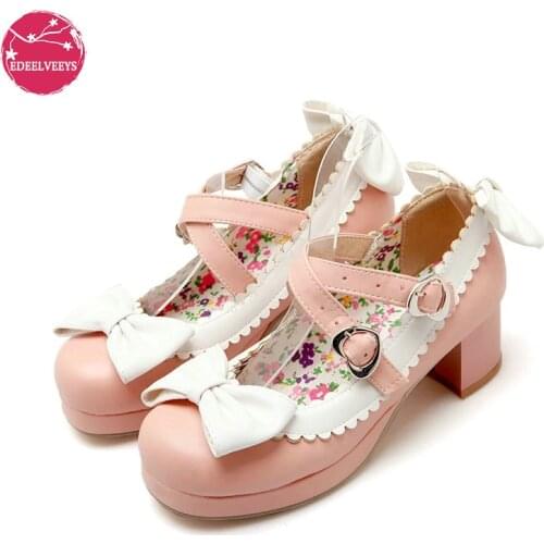Girls Pumps Lolita Shoes Women Cosplay Party Platform High Heel Pink Mary Janes Shoes with Butterfly-knot Plus Big Size 34-48