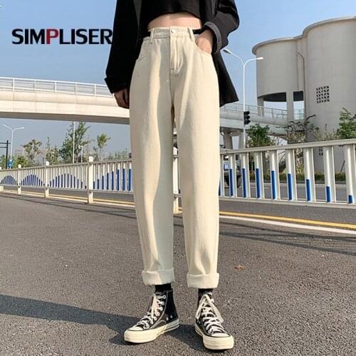 Streetwear Denim Jeans Women Straight Jeans Pants Beige Black Elastic Waisted Trousers 100% Pure Cotton Vintage Female Mom Jeans