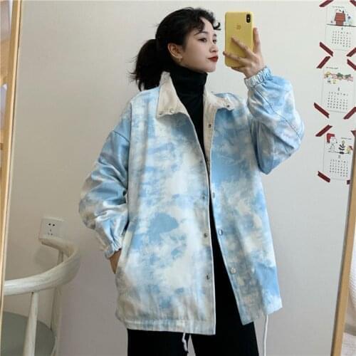 Vintage Camo Denim Jacket Women Fashion Print Cotton Loose Hip Hop Bomber Jacket Tie Dye Streetwear Double Wear Female Outwears