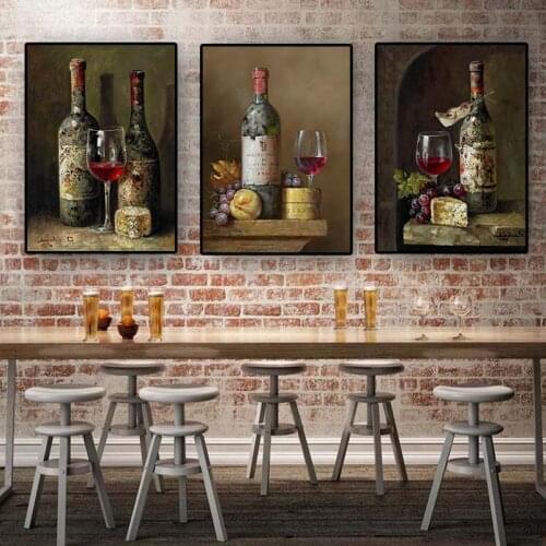 Vintage Red Wine Bottle Fruit Posters and Prints Oil Painting on Canvas Scandinavian Wall Art Picture Kitchen Room Coffee Decor