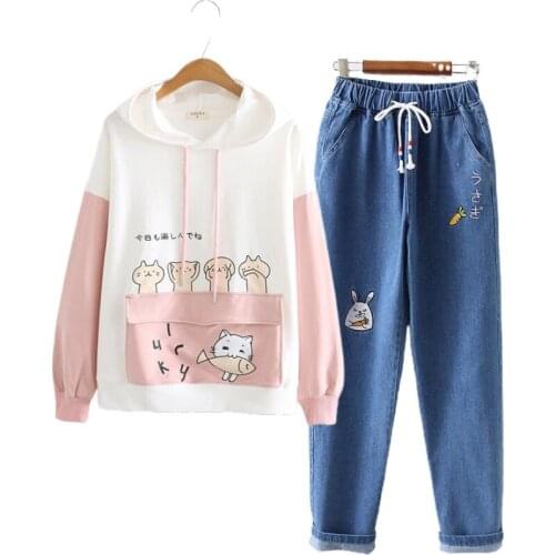 2021 Autumn Womens Two Piece Sets Cartoon Print Hooded Sweatshirts And Cartoon Embroidery Ankle Length Denim Pants