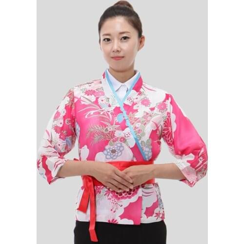 Female Japan Cuisine suit Restaurant service uniform Kimono print Work wear Waitress chef uniform