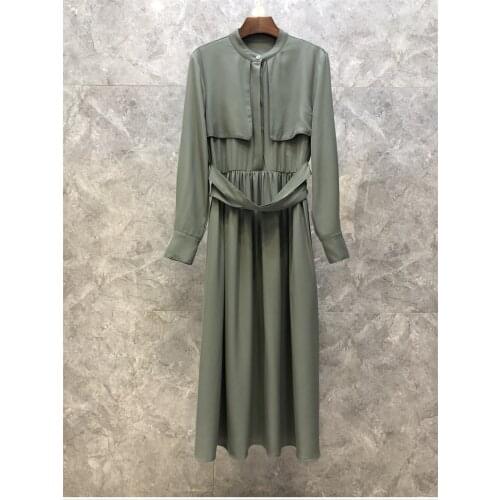 Elegant Work Dress 2021 Autumn Business Inspired Women Elastic Waist Belt Deco Long Sleeve Mid-Calf Length Green Dress Office