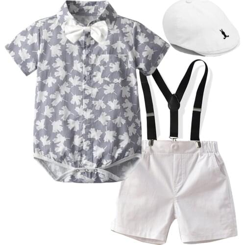 Chlidren Clothing Set 2021 Summer Cotton Boys Cap +Bow Romper + Shorts with Belt 4 Pieces Party Birthday Kid Gentleman Costume