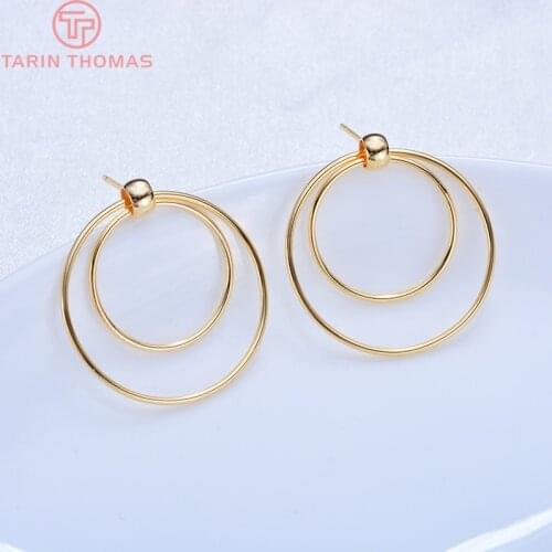 6PCS 26MM 24K Gold Color Plated Brass Round Double layer Stud Earrings High Quality DIY Jewelry Making Findings