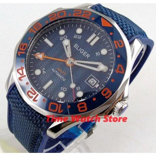 Bliger 41mm mechanical watch men waterproof stainless steel blue Dial bezel Date canvas rubber bracelet GMT Auto wrist B307