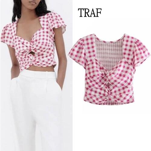 TRAF Za Women Blouse Top 2021 Summer Pink Linen Cropped Blouses Vintage Plaid Shirt Woman Elegant Ruched Elastic Female Shirts