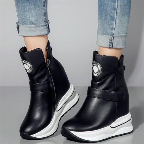 High Top Fashion Sneakers Women Genuine Leather Wedges High Heel Ankle Boots Female Round Toe Platform Pumps Shoes Casual Shoes
