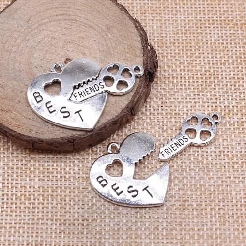 Charms for Jewelry Making Findings Handmade DIY Craft 2pcs Antique Silver Color 36x22mm Best Friend Heart Key Charms Pendant
