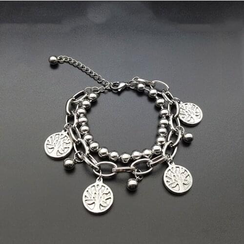 Tree of Life Double Chain Stainless Steel Bracelets for Women Silver Color Charm Bracelet Couples Jewelry Pulseras Acero Mujer