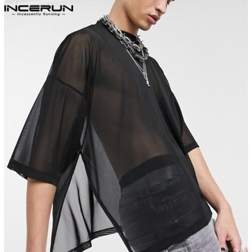 Mesh Men T Shirt Round Neck 2021 Short Sleeve See Through Streetwear Nightclub Party T-shirt Men Fashion Sexy Tee Tops INCERUN 7