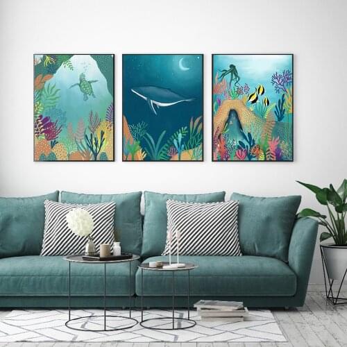 Whale Canvas Posters Nursery Wall Art Print Watercolor Sea Animals Fishes Turtle Octopus Painting Baby Kids Room Wall Art Decor