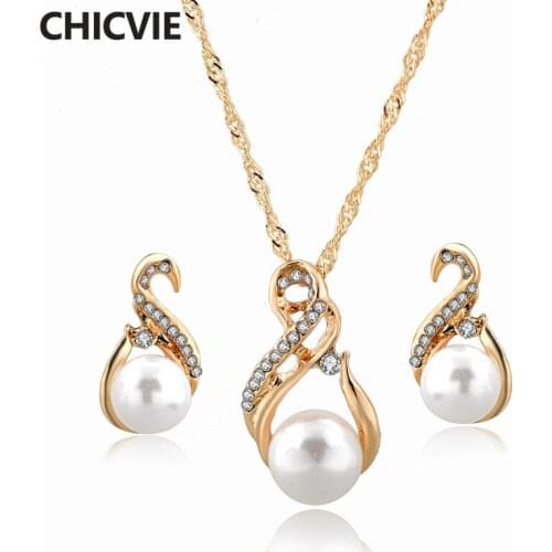 CHICVIE Gold Pearl Necklace Earrings Sets Wedding Crystal Jewelry Set For Silver Women Necklace Earrings Jewelry Set SET190003