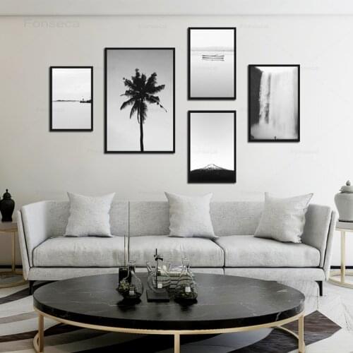 Minimalist Mountain Waterfall Landscape Cnavas Painting Black White Palm Tree Seasape Nordic Posters for Living Room Home Decor