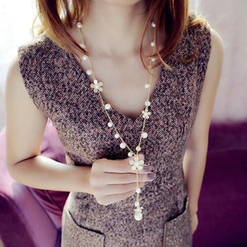 Fashion Girls Pearl Beads Flowers Statement Necklaces For Women Gold Color Long Tassel Chain On Neck Female Jewelry Party Gift