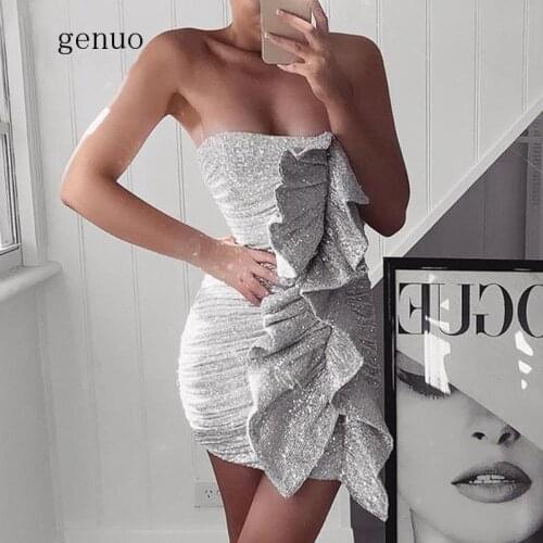 Bodycon Sequin Women Dress Sexy Strapless Mini Party Dresses Summer Autumn Female Dress Elegant Club Vestidos