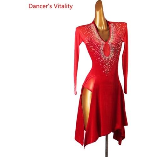 Latin Dance Dress Velvet Diamond Skirt Mesh Long Sleeve Performance Clothes Profession Custom Adult Child Competition Clothing